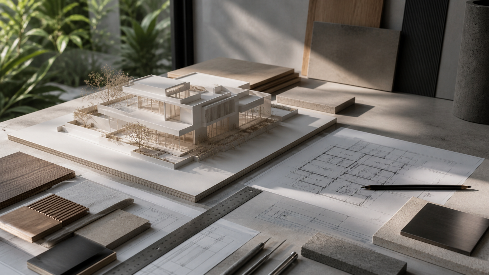 Architectural model, technical drawings and material samples